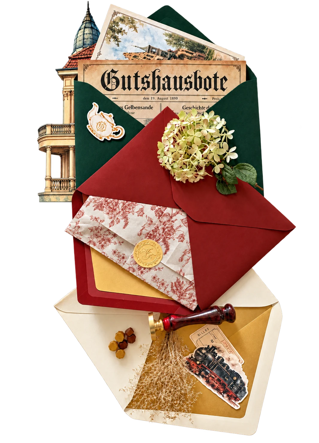 Historisches Briefset des Gutshausboten mit Brief, Zeitung, Postkarte und Sammelbeilagen